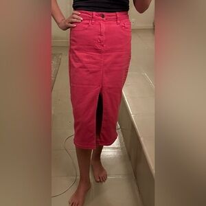 Cello Hot Pink Denim Midi Skirt High Rise Front Slit Stretch Pencil Jean Skirt S